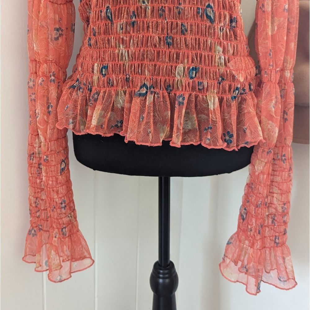 Free People Floral Shirred Mesh Bell Sleeve Fairycore Hippie Rock Top XL - Picture 6 of 14